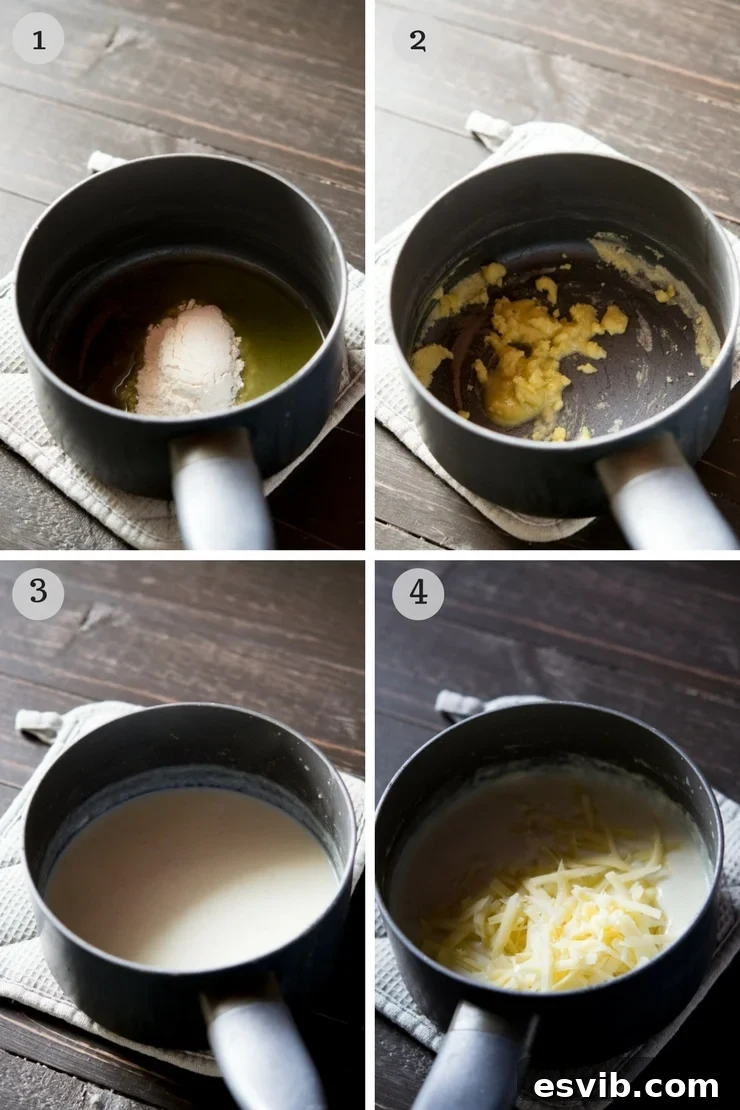 Step-by-step photos illustrating the process of making Bechamel sauce with olive oil: first, warming the oil, then mixing in flour to form a roux.