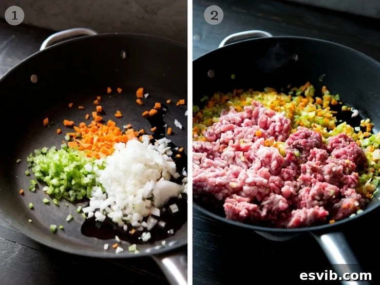 Authentic Italian Beef Ragu: A Timeless Classic 4 Step-by-step photos showing the preparation of soffritto for Italian beef ragu, featuring finely chopped vegetables sautéing in a pan.