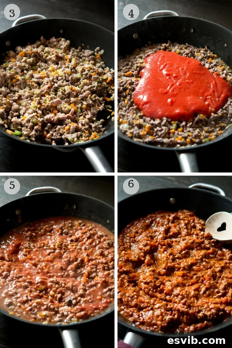 Authentic Italian Beef Ragu: A Timeless Classic 5 Step-by-step photos showing the simmering process of Italian beef ragu, with rich tomato sauce and meat in a large pot.