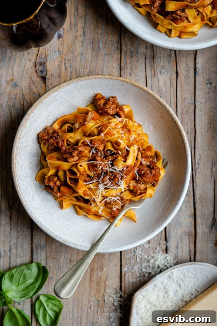 Authentic Italian Beef Ragu: A Timeless Classic 6 An overhead shot of a rustic bowl filled with Italian beef ragu, inviting and rich.