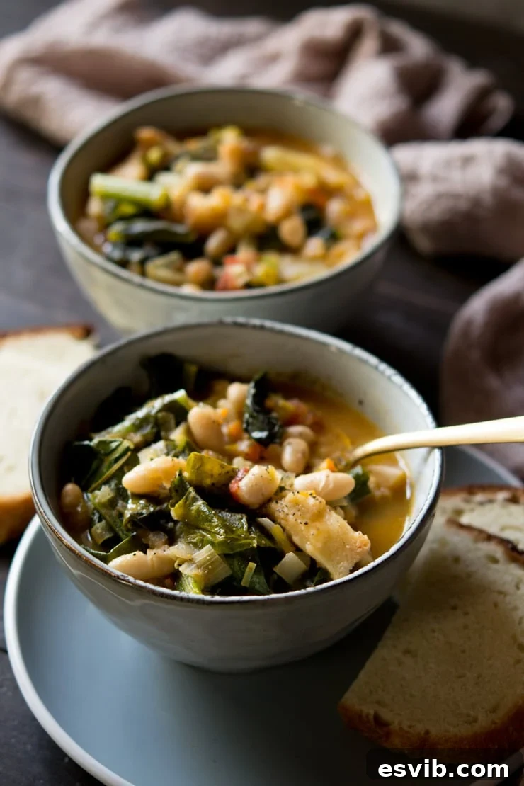 Hearty Tuscan Ribollita Vegetable and Bread Soup A close-up of a rich, hearty Tuscan Ribollita soup in an earthenware bowl, adorned with a fresh drizzle of olive oil, with a slice of rustic bread in the background, steam gently rising.
