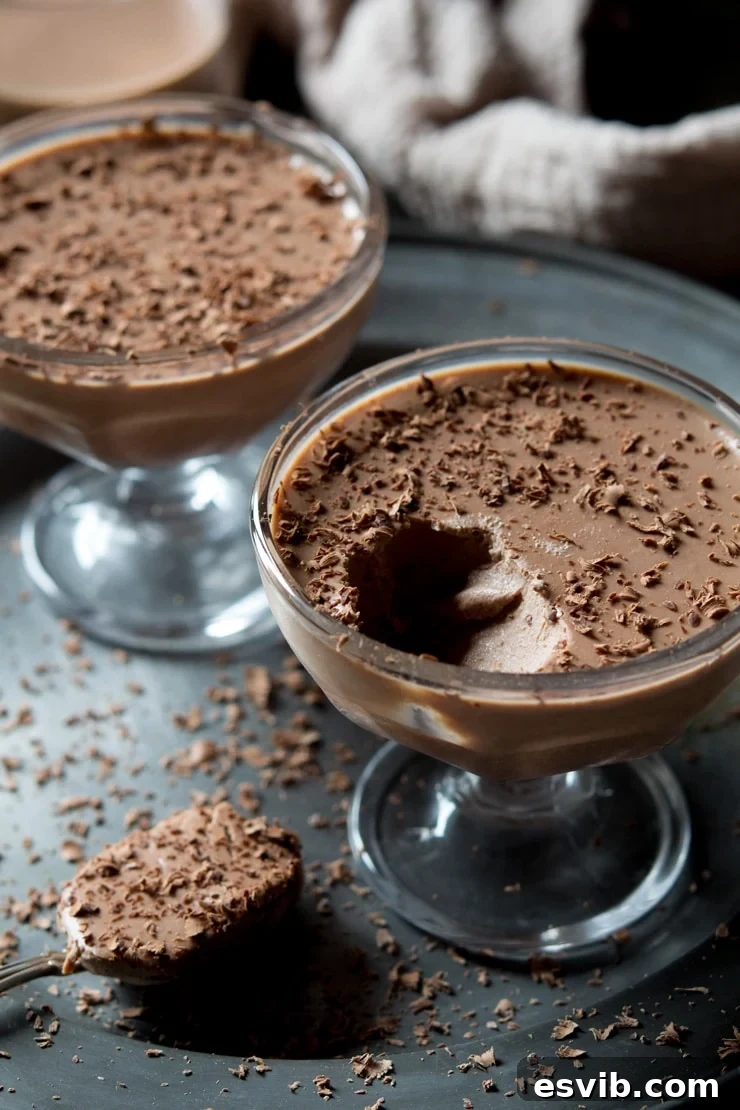 A close up of chocolate panna cotta with a spoonful of panna cotta in the background