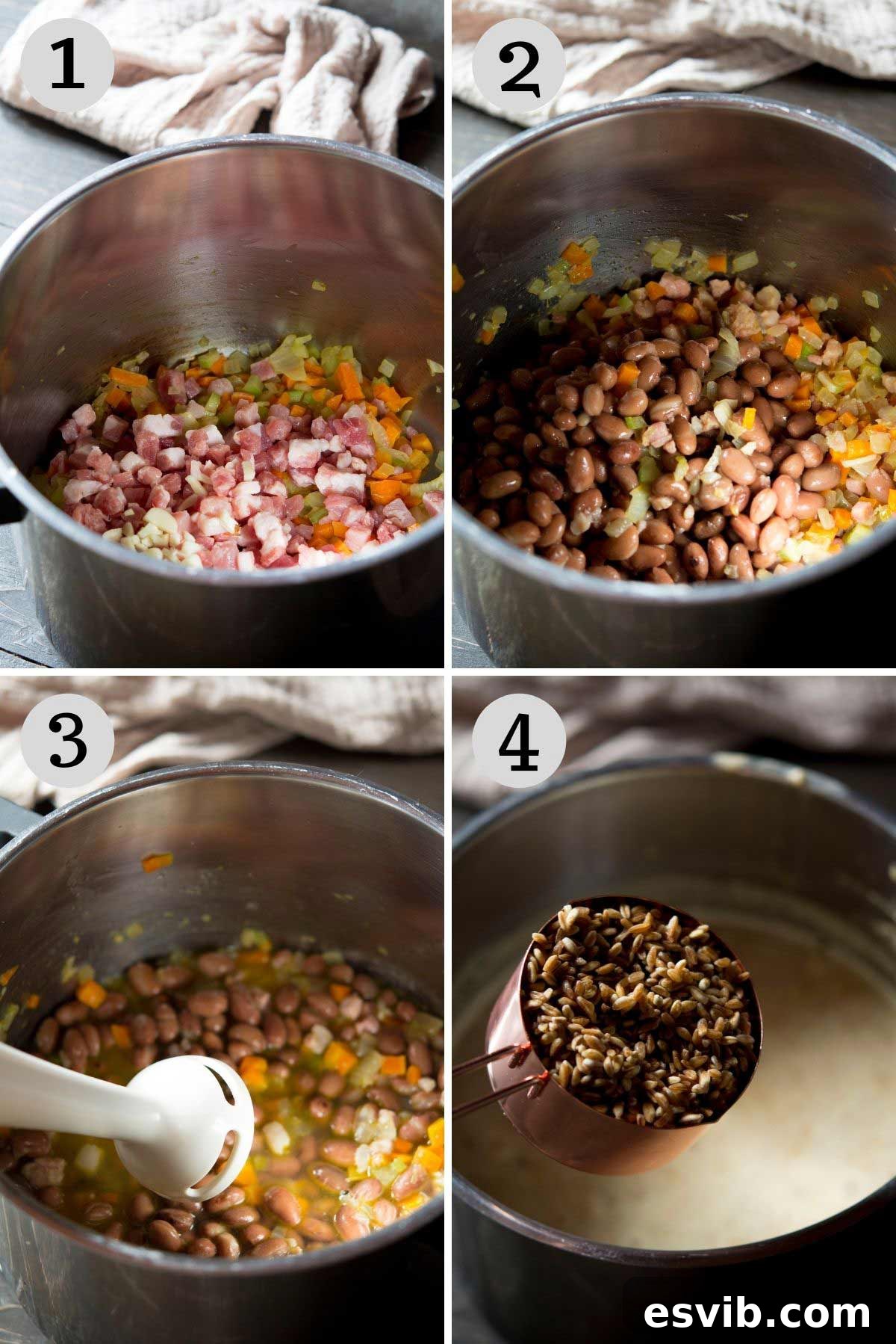 Step-by-step image showing the classic Italian soffritto (finely chopped carrots, celery, and onions) along with diced pancetta sautéing in a large pot, forming the foundational flavors for the Tuscan farro soup.