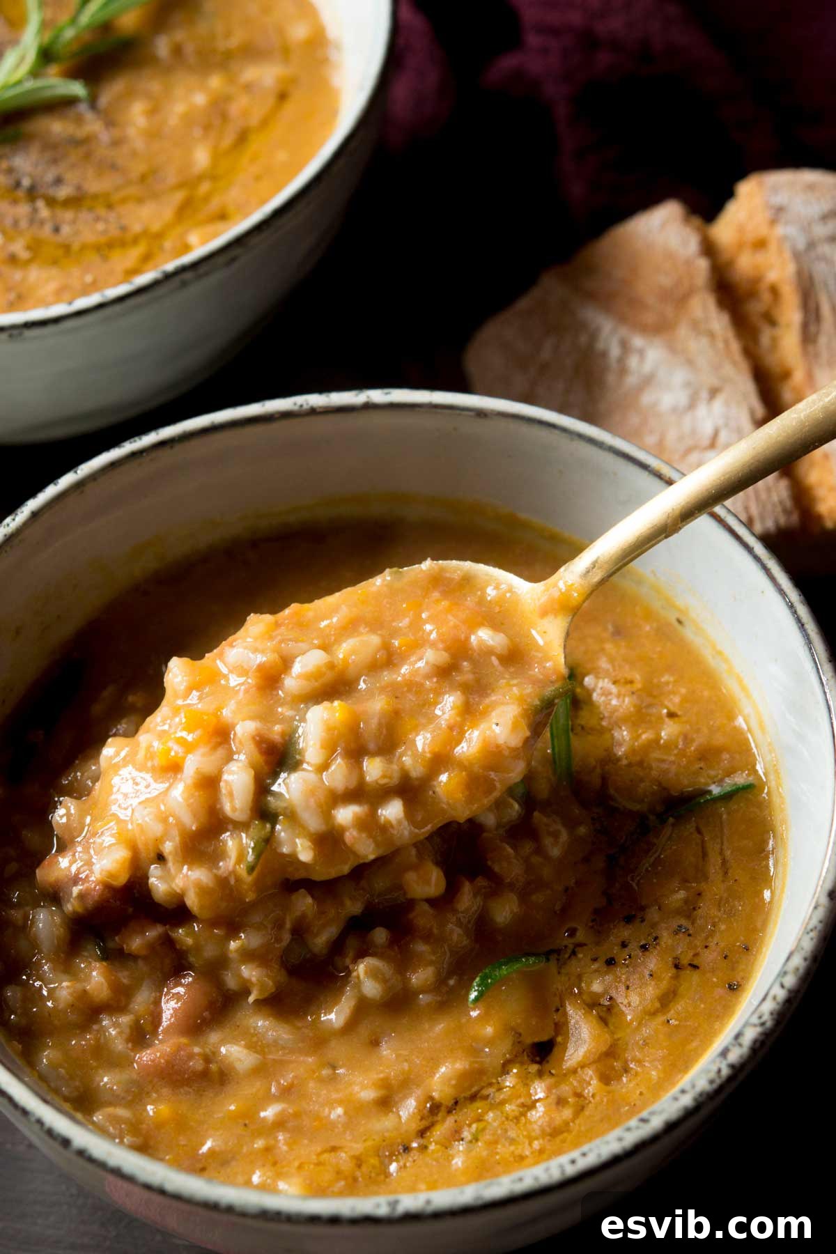 A close-up photograph of a spoonful of hearty Tuscan farro soup, highlighting the creamy texture, tender farro grains, and visible pieces of beans and vegetables, ready to be enjoyed.