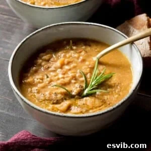 A close-up shot of a hearty bowl of Tuscan farro soup, highlighting the creamy texture and cooked farro grains, ready to serve.