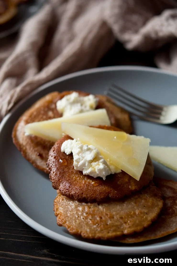 Close-up of Chestnut Fritters with Toppings A close-up view of golden-brown chestnut fritters, generously topped with dollops of creamy ricotta cheese, thin shavings of rich pecorino cheese, and glistening with a drizzle of truffle honey.