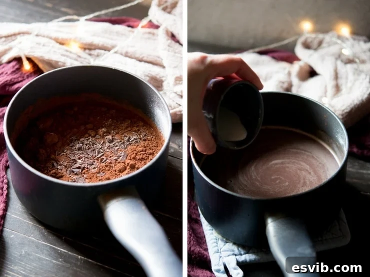 Step-by-step photos illustrating the process of making Italian hot chocolate.