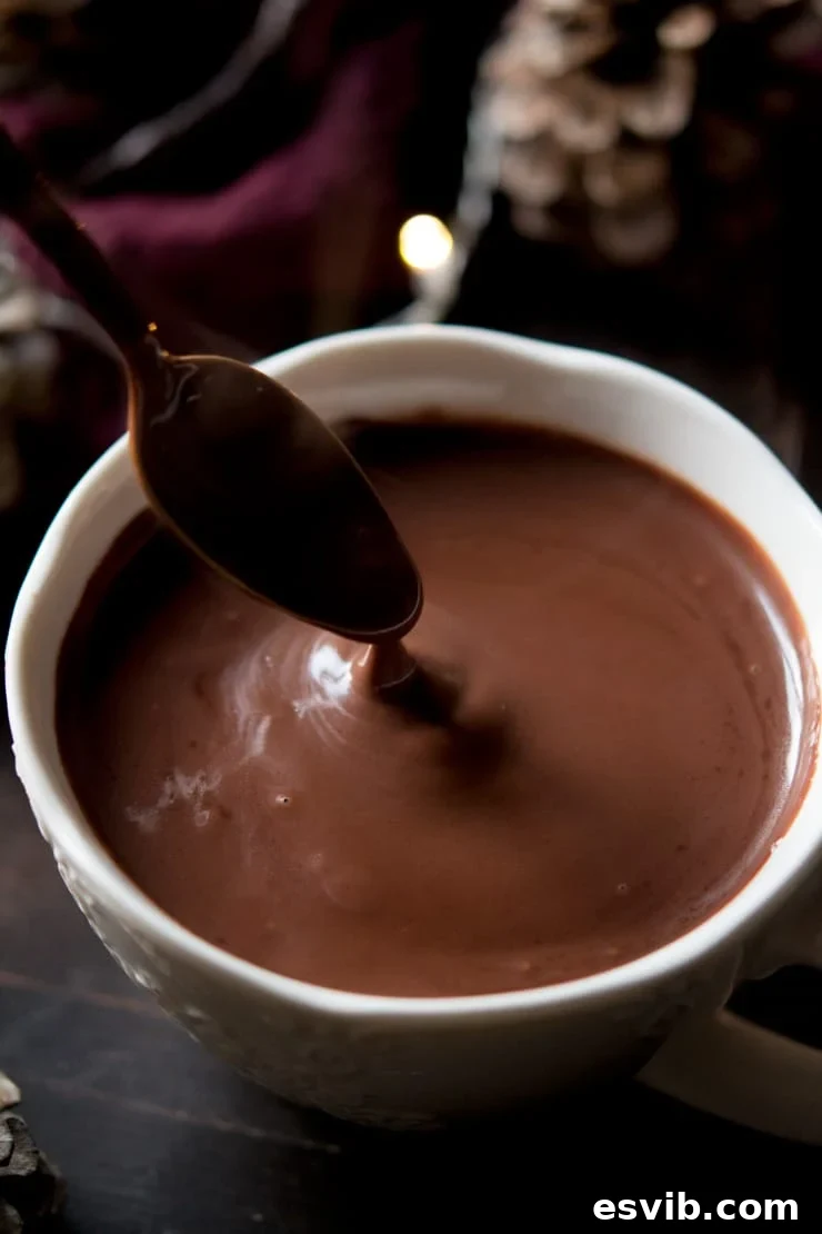 A close-up shot of decadent Italian hot chocolate, showcasing its rich texture.