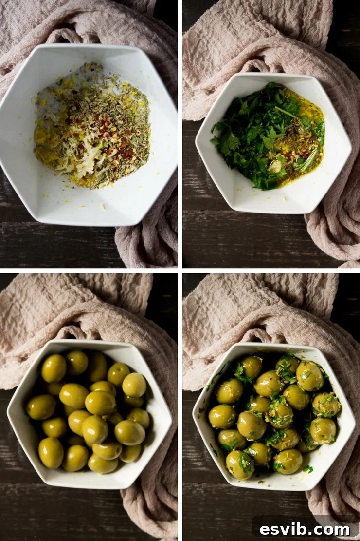Step by step photos for making marinated olives A visual step-by-step guide showing ingredients being combined in a bowl, leading to perfectly marinated olives.