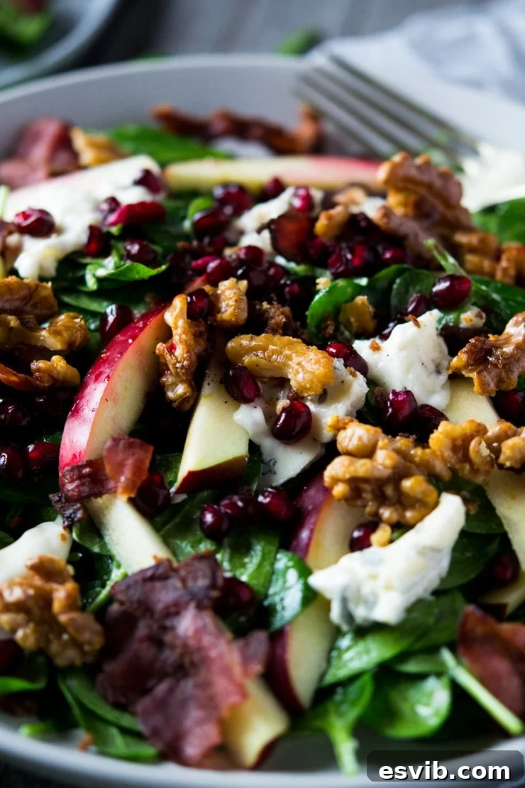 A close-up shot of the finished winter salad, showcasing the delightful combination of apple, spinach, pomegranate, and gorgonzola cheese.