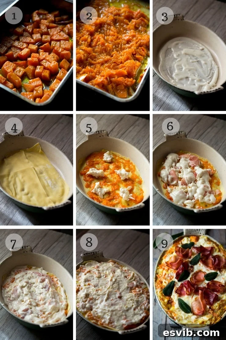 Step-by-step photos for making butternut squash lasagna: showing roasted squash, béchamel sauce, ricotta mixture, and prosciutto slices.