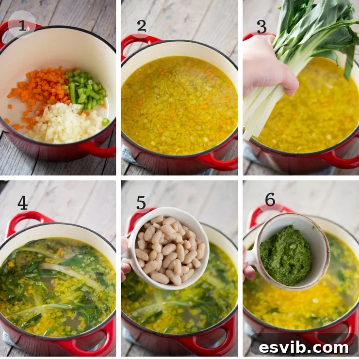 Step-by-step photos illustrating the process of making vibrant green soup, showing sautéing vegetables and adding broth