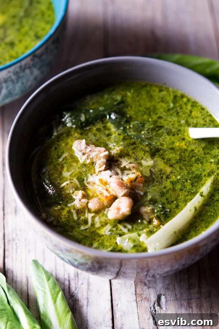 A close-up of a beautifully vibrant green soup, generously topped with cannellini beans and a swirl of pesto