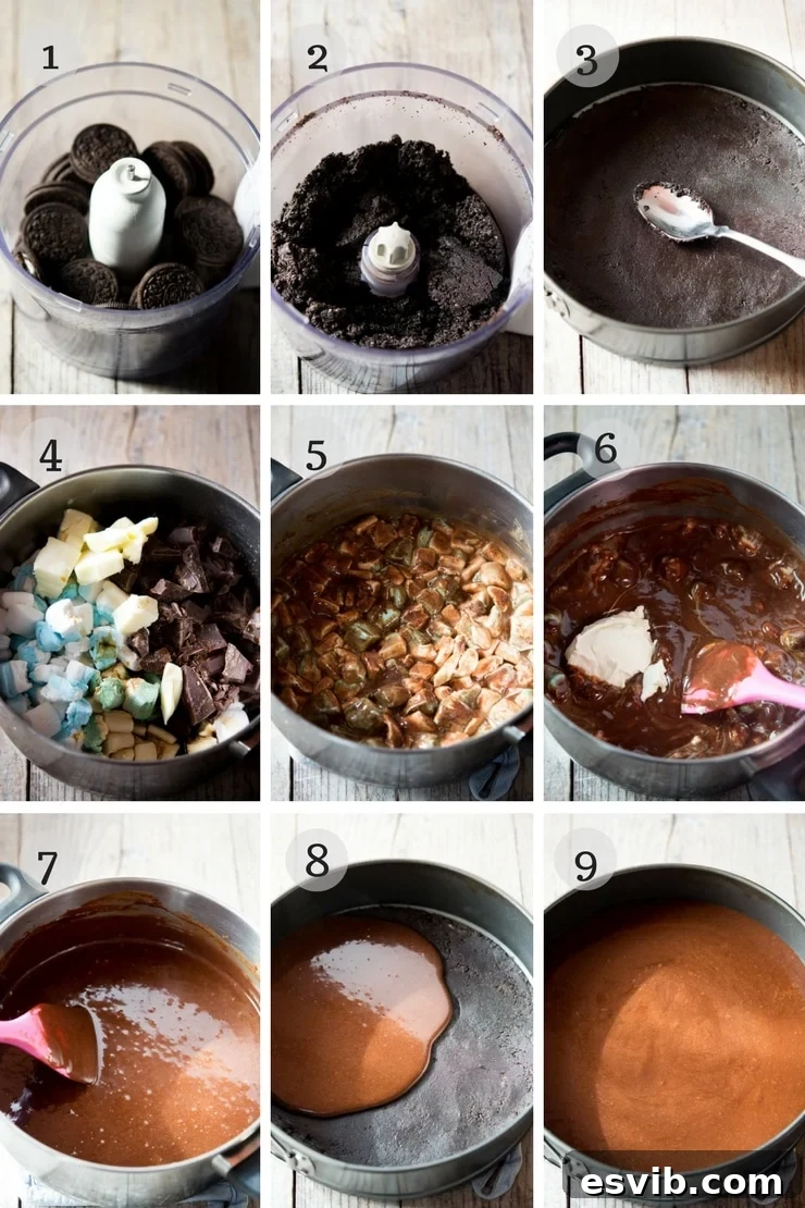 A series of step-by-step photos illustrating the creation of a no-bake chocolate cheesecake, specifically focusing on the preparation of the Oreo cookie base.