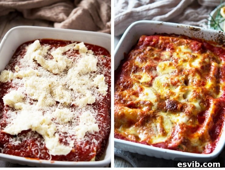 Spinach and ricotta cannelloni topped with mozzarella before and after being baked in the oven, showing the golden cheesy crust