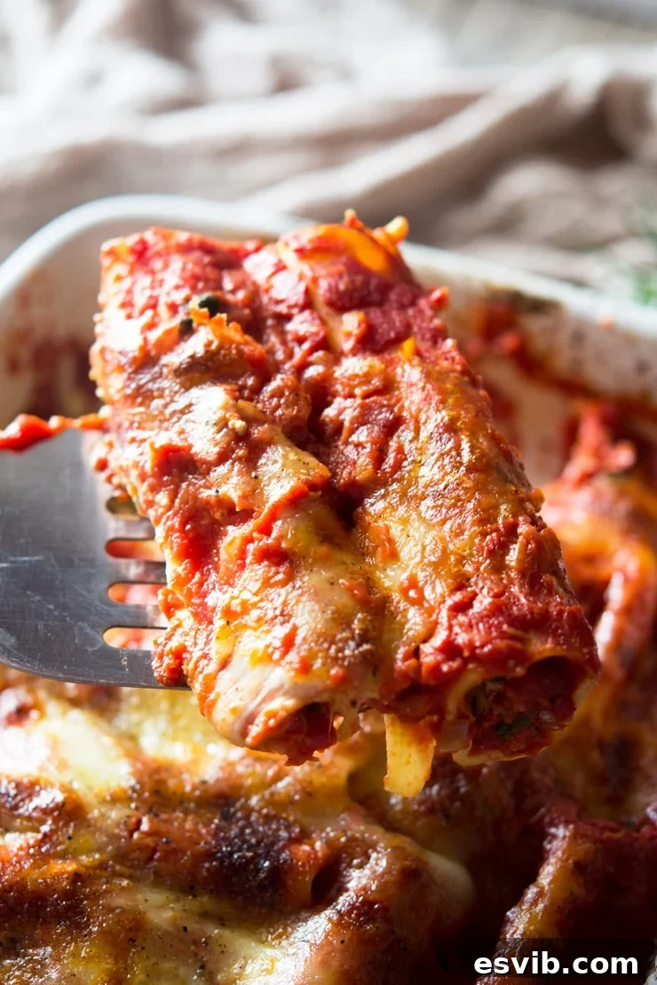 A close up of two spinach and ricotta cannelloni tubes on a serving spoon, garnished with fresh basil