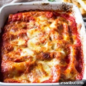Spinach and Ricotta Cannelloni in a baking dish, freshly baked
