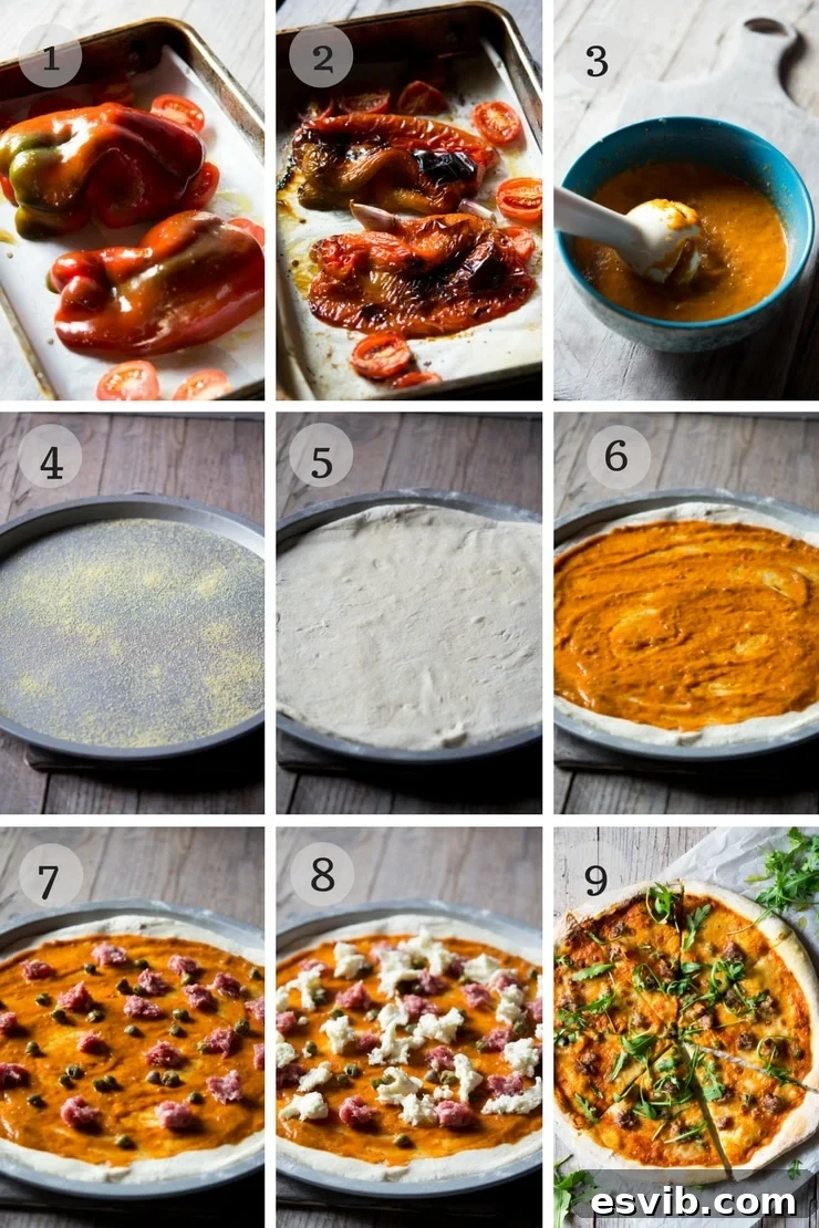 Step-by-step imagery showcasing the roasting process of red bell peppers, tomatoes, and garlic for the pizza sauce. step by step photos for making pizza with sausage and roasted red pepper sauce