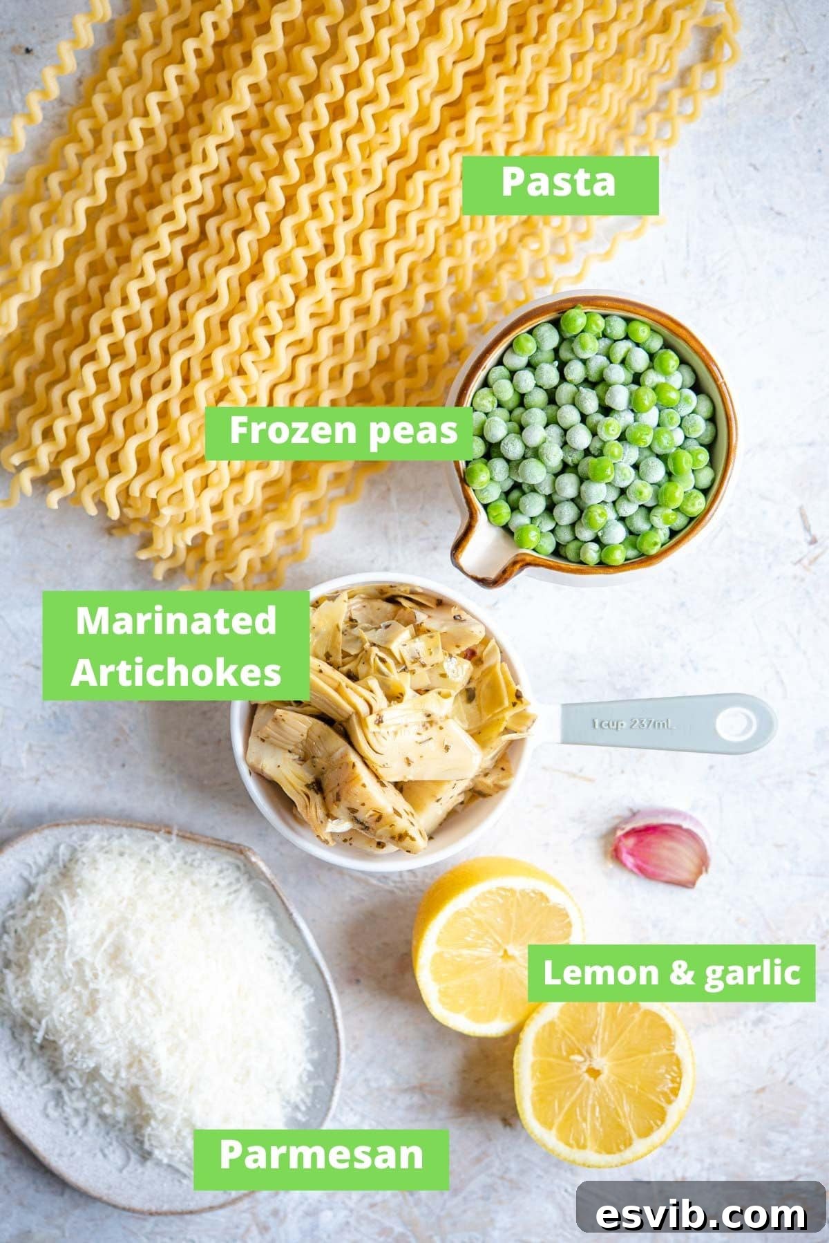 Easy 10-Minute Artichoke Pasta 2 Key ingredients for Artichoke Pasta: marinated artichokes, lemon, garlic, parmesan