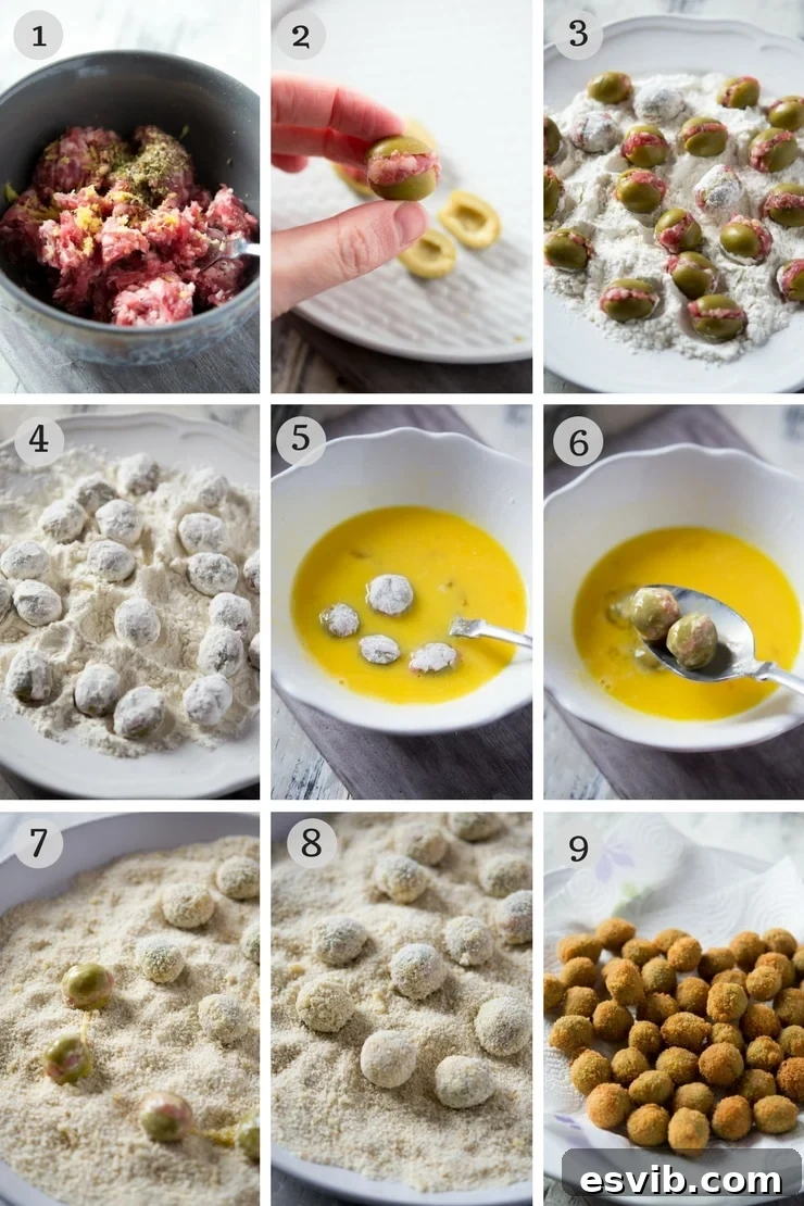 Step-by-step photos for making sausage stuffed olives, showing the stuffing and breading process