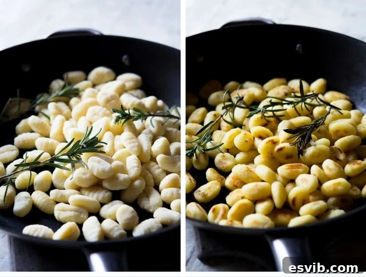 Frying Gnocchi in a Pan with Rosemary Step-by-step photos for making pan-fried gnocchi, showing fresh gnocchi frying in a hot pan with sprigs of rosemary, turning golden brown