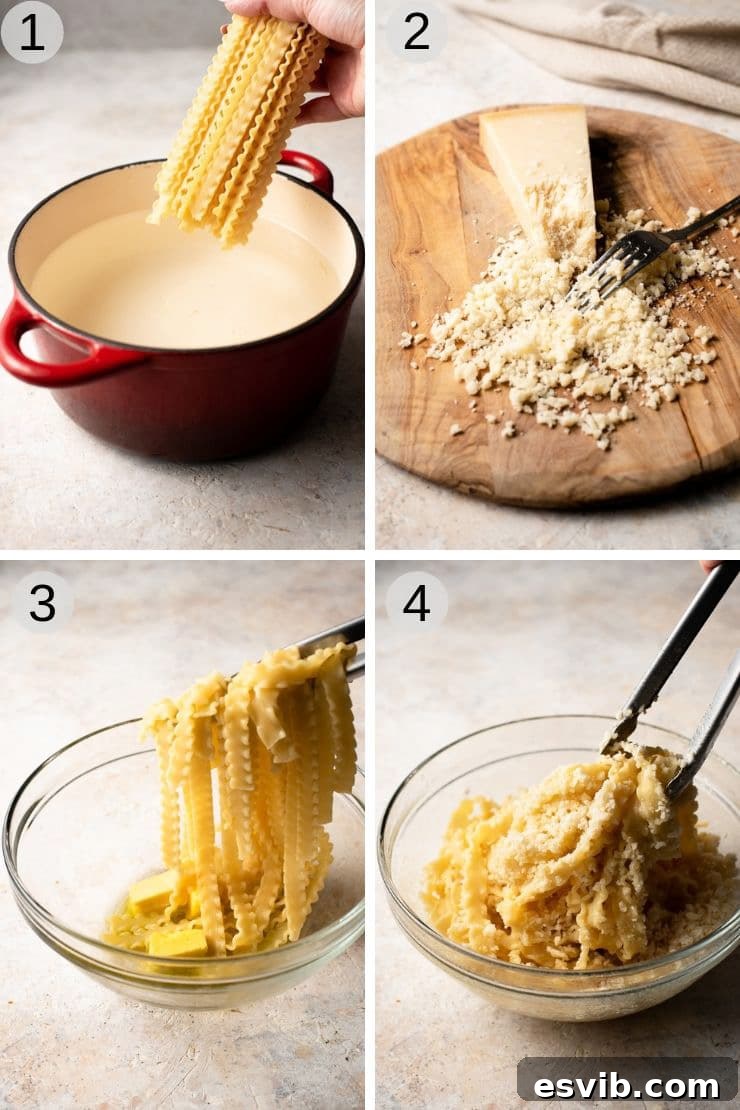 Butter Parmesan Pasta - Mafalde pasta with butter and parmesan cheese. This recipe is incredibly easy and is perfect cheesy comfort food. Four ingredient pasta recipe ready in 15 minutes. #parmesan #Italianpasta Step by step photos for making parmesan pasta, showing the coarse grating of cheese and pasta being tossed.