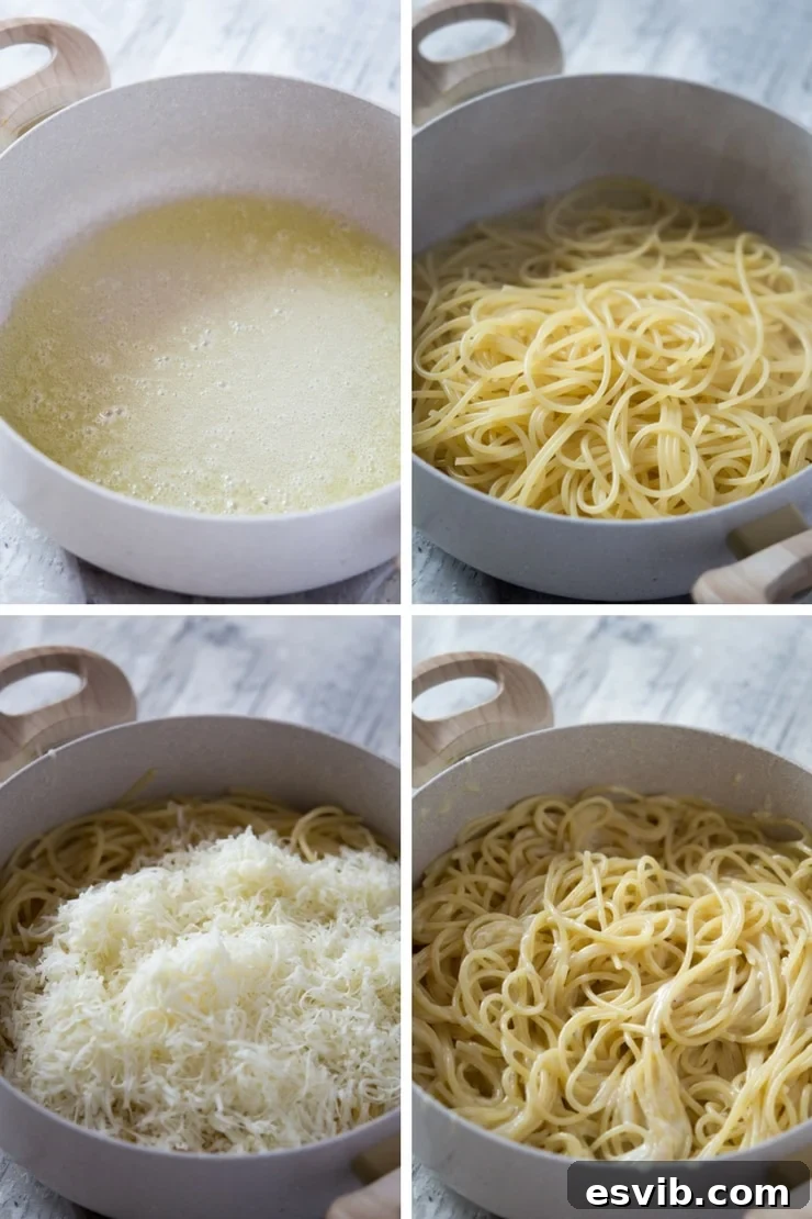 Step by step photos for how to make a cacio e pepe recipe, showing the emulsification process