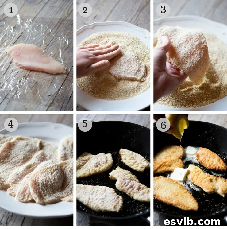 A step-by-step visual guide showing the process of preparing chicken cutlets, from pounding the chicken to coating them in breadcrumbs, essential for achieving the perfect breading.