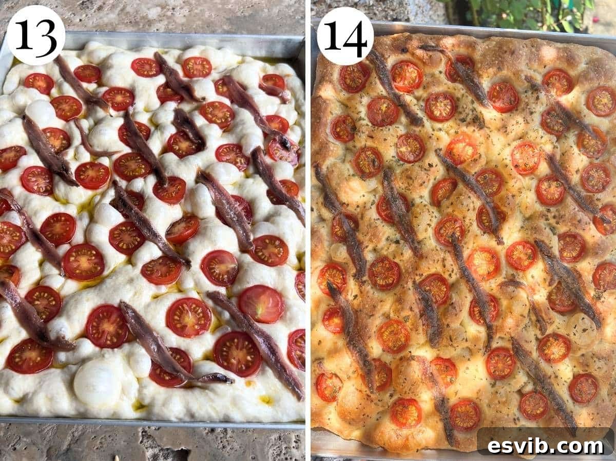 Two photos in a collage showing how a cherry tomato and anchovy focaccia looks before being baked with its toppings, and its golden-brown, finished appearance after baking.