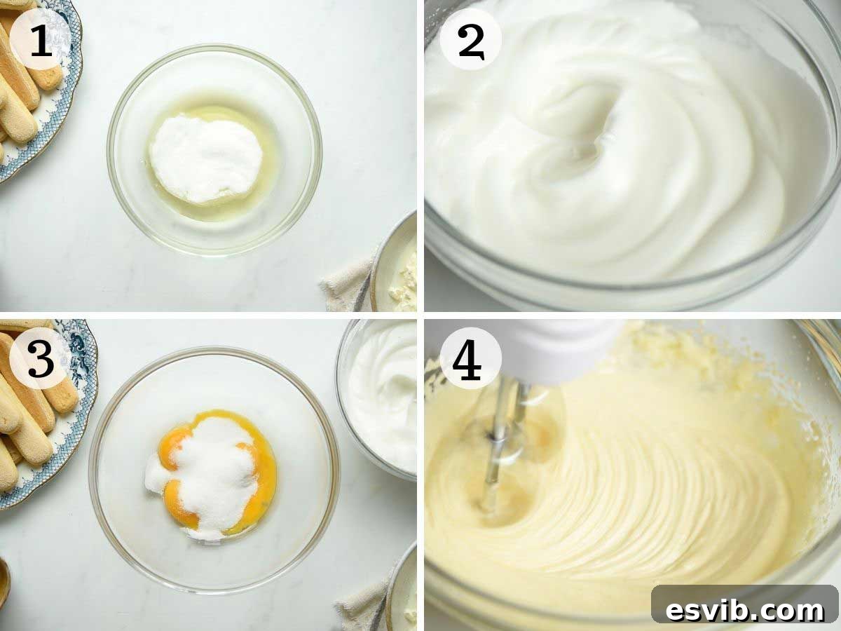 Step-by-step photographic guide demonstrating the meticulous process of whisking both egg whites and yolks to achieve the perfect consistency for Tiramisu.