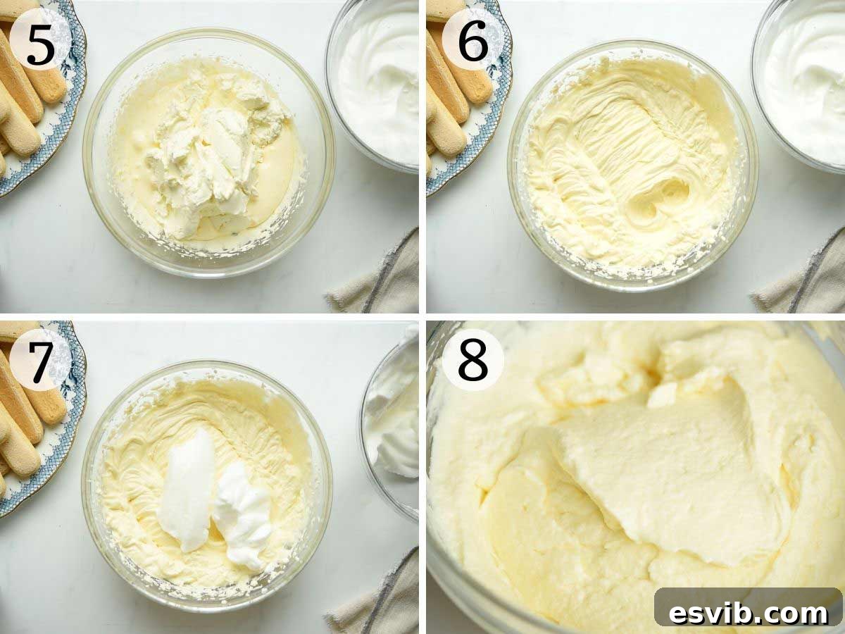 A series of step-by-step photos illustrating the precise method for preparing the luscious mascarpone filling, a key component of an authentic Tiramisu.