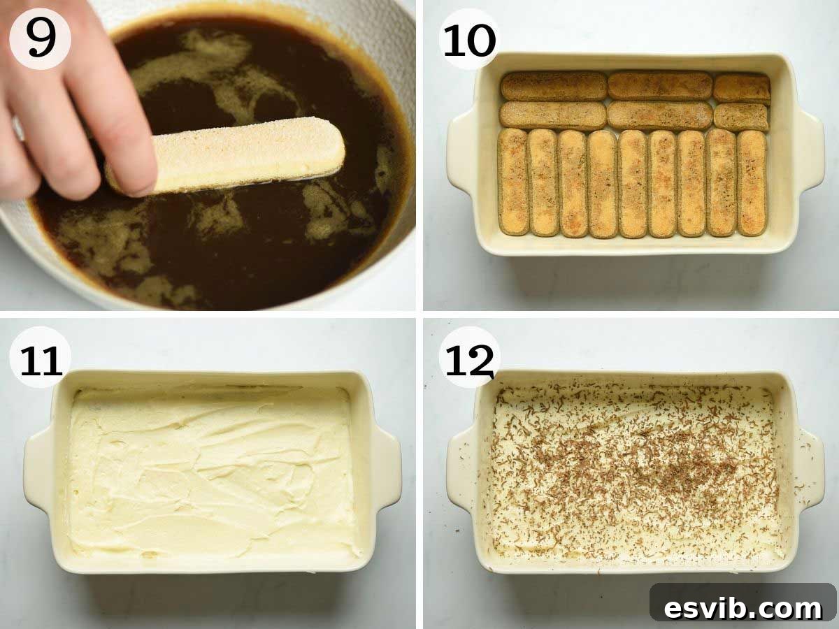 A photographic sequence showing the meticulous process of assembling a Tiramisu, layer by delicious layer, for a perfect homemade dessert.