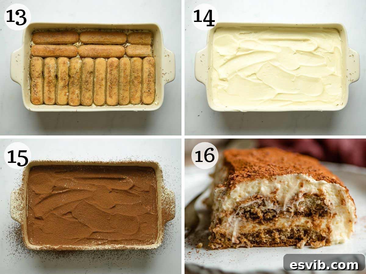A step-by-step visual guide demonstrating the final stages of preparing a homemade Tiramisu, ensuring a beautiful and delicious result.