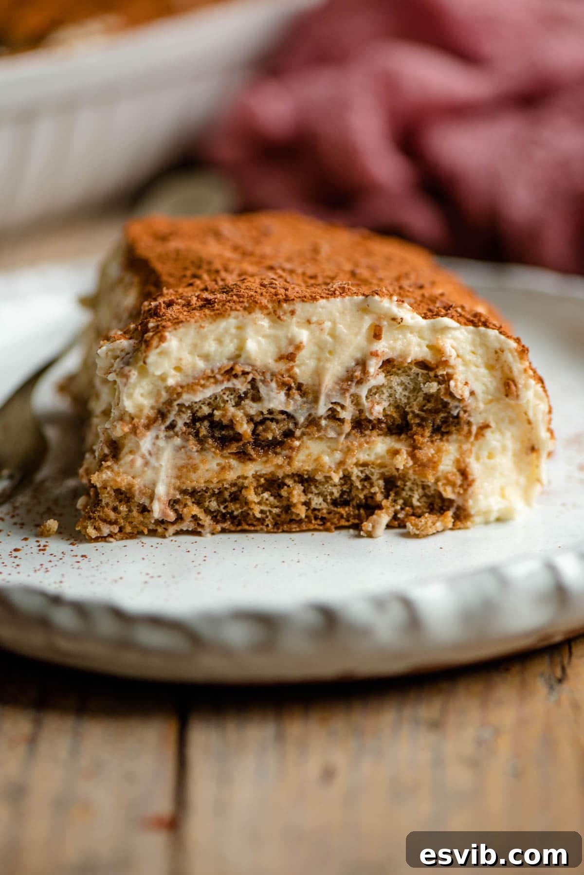 A perfectly portioned slice of Tiramisu resting on a pristine white plate, showcasing its beautiful layers and inviting texture.