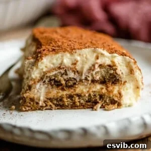 A close up of a slice of Tiramisu on a plate