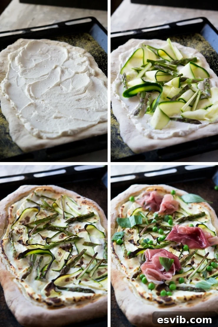 Step by step photos for how to make pizza with zucchini, prosciutto, asparagus and buffalo mozzarella Step by step photos for how to make pizza with zucchini, prosciutto, asparagus and buffalo mozzarella