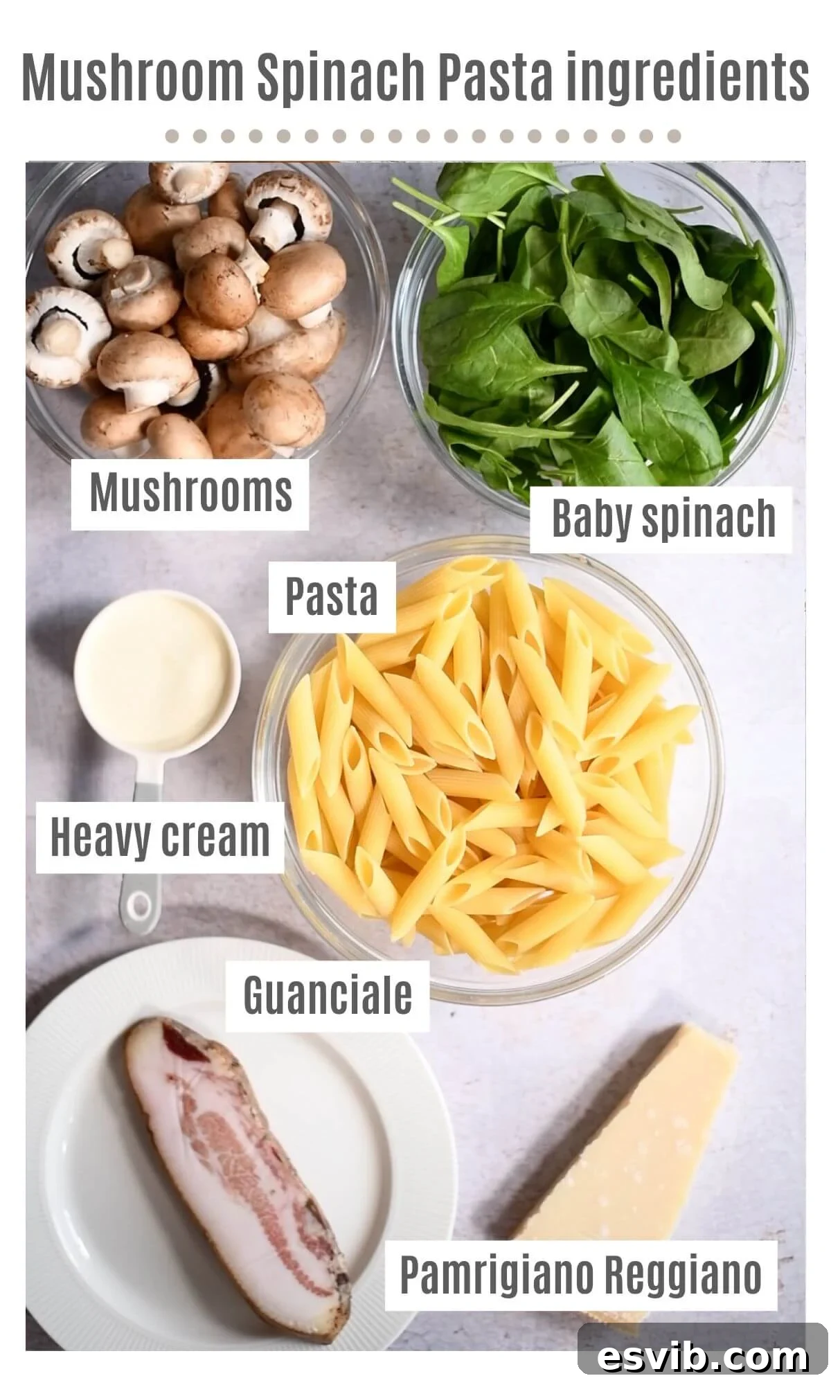 Crispy Guanciale, Mushroom & Spinach Pasta 3 An overhead shot of all the ingredients needed to make mushroom spinach pasta.