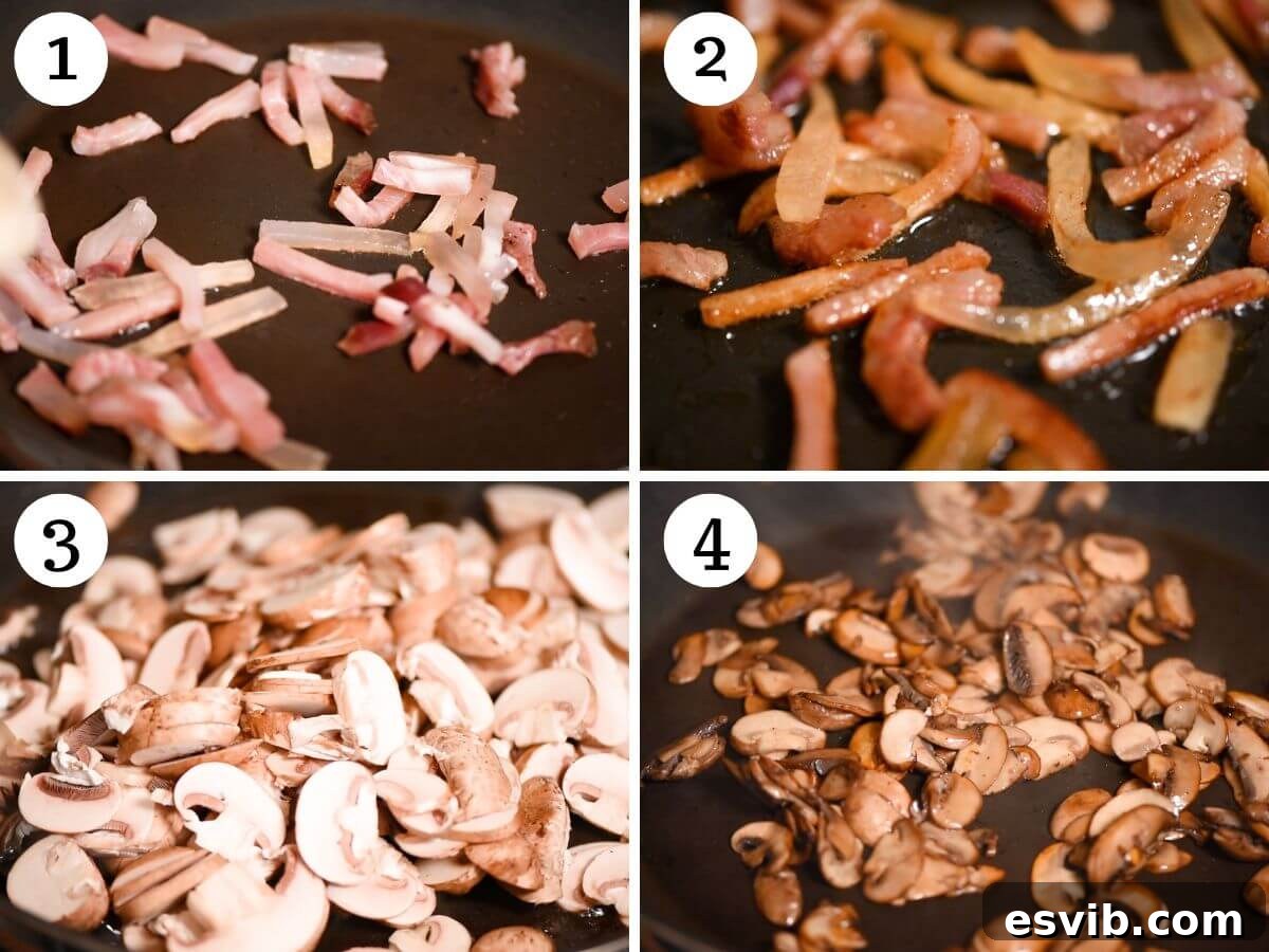 Crispy Guanciale, Mushroom & Spinach Pasta 4 Four photos in a collage showing how to fry guanciale and mushrooms.