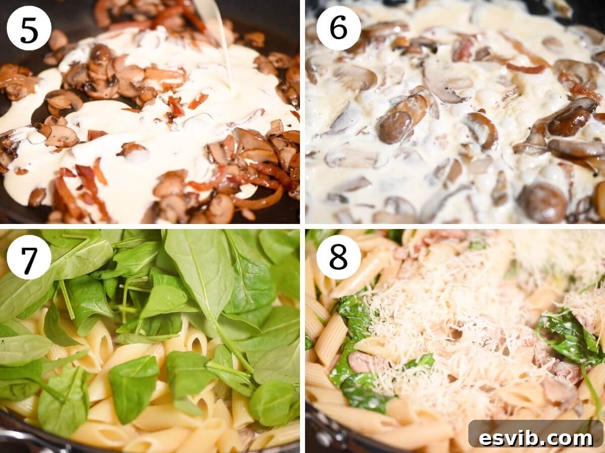 Crispy Guanciale, Mushroom & Spinach Pasta 5 Four photos in a collage showing how to make a creamy mushroom spinach pasta.