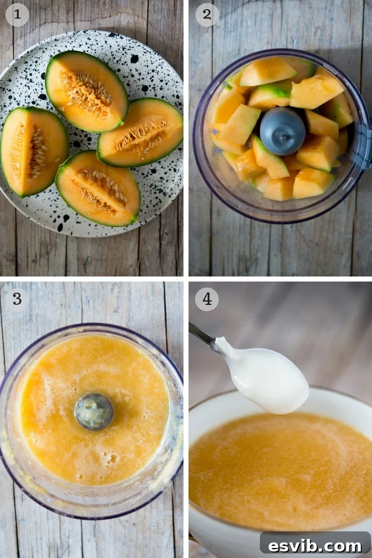 Step by step photos showing how to blend melon for gazpacho, from chopped melon to a smooth, creamy soup texture