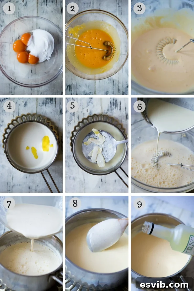Step-by-step photos illustrating the process of making lemon ice cream, from heating the dairy to whisking the eggs.