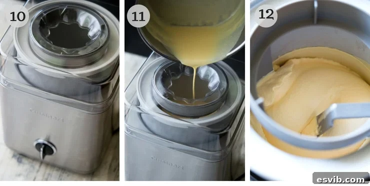 Step-by-step photos demonstrating how to pour the chilled lemon ice cream mixture into an ice cream machine for churning.
