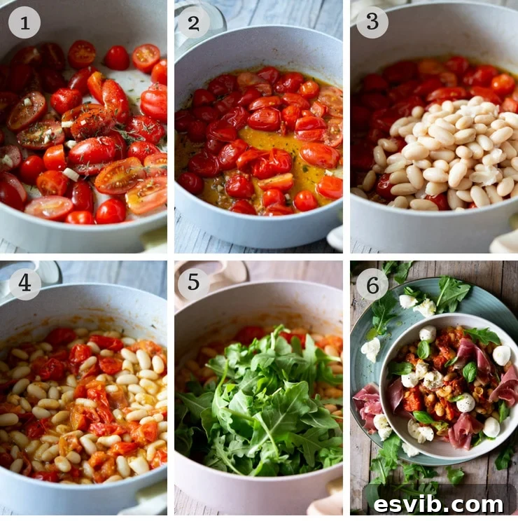 Step-by-step photos illustrating the preparation of a warm white bean salad, showing tomatoes being sautéed and beans added to the pan.