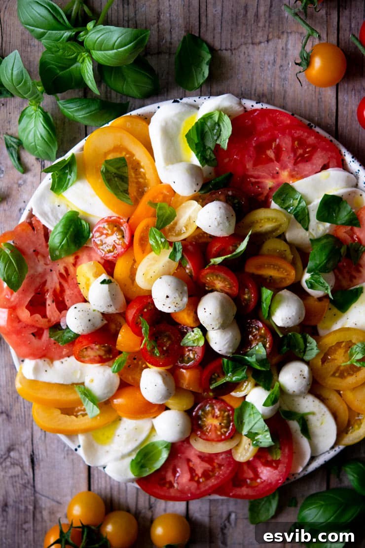 Vibrant Caprese Salad with Heirloom Tomatoes and Baby Mozzarella An overhead shot of a vibrant Caprese salad featuring various colored heirloom tomatoes and small mozzarella balls arranged artfully on a plate.