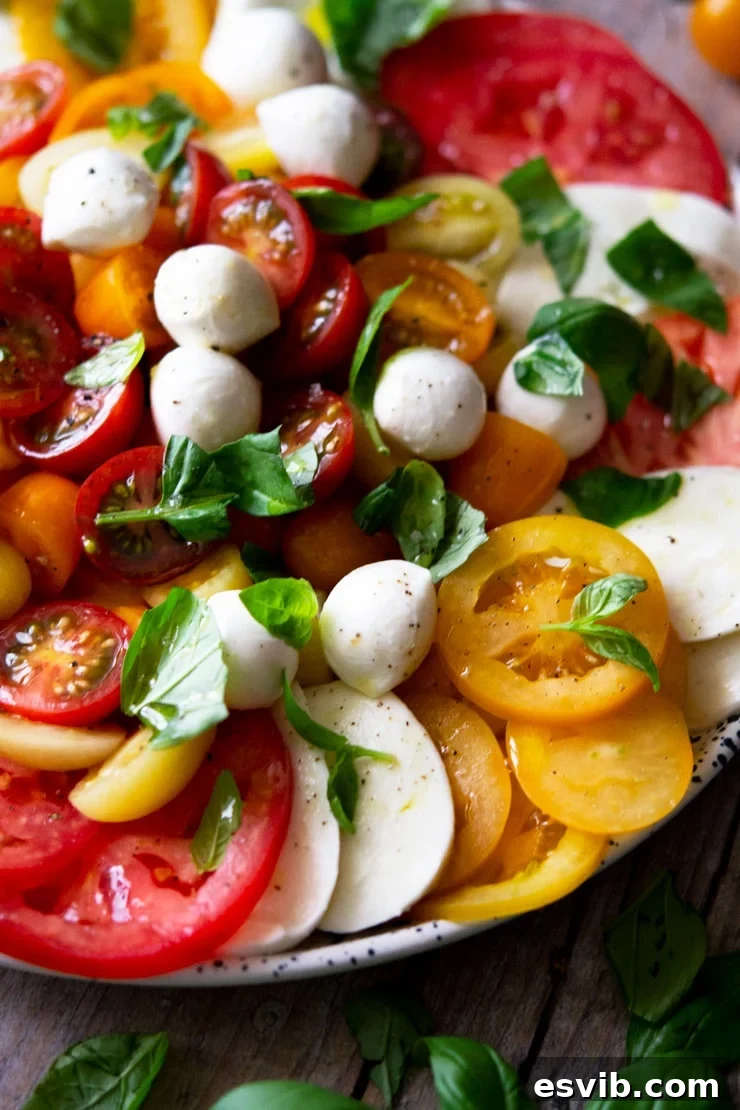 Close-Up of Classic Caprese Salad A close-up view of a perfectly plated classic Caprese salad, highlighting the vibrant colors and fresh ingredients with a focus on texture and composition.