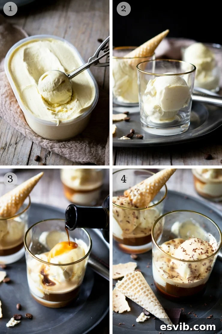 Italian Affogato: Coffee and Ice Cream Perfection 3 Step-by-step photos for making an Affogato dessert, showing scoops of ice cream, espresso being poured, and a final garnished result.