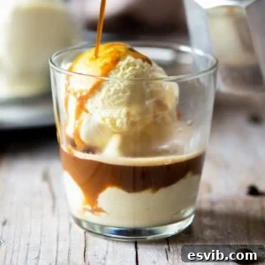Italian Affogato dessert with coffee being poured over ice cream