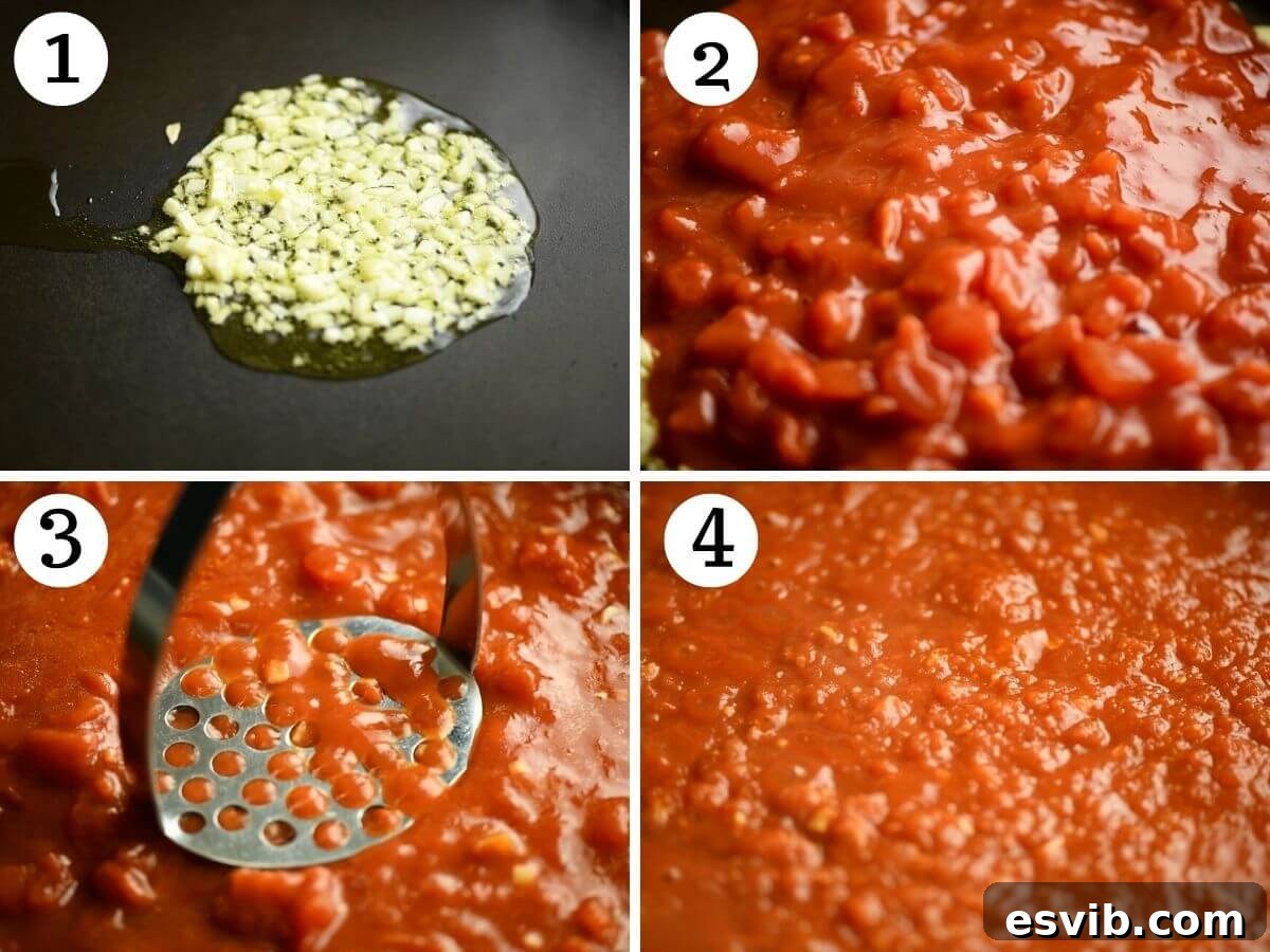 A four-photo collage demonstrating the initial steps of making Italian tomato sauce: frying garlic and simmering tomatoes.