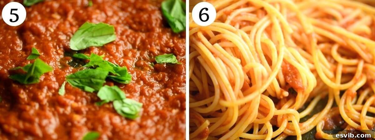 A two-photo collage showcasing the delicious final Italian tomato sauce, both on its own and tossed with spaghetti.