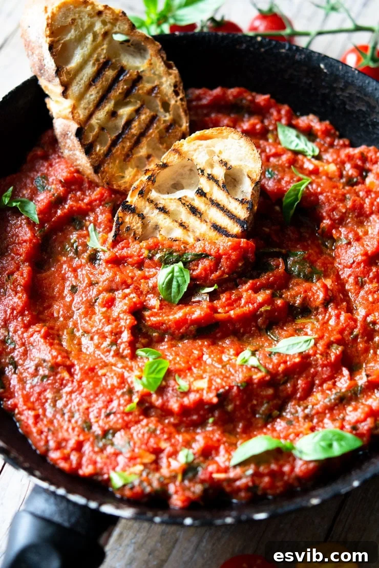 Italian tomato sauce in a sauce pan, garnished with fresh basil leaves, with two slices of ciabatta bread on the side, ready for dipping.